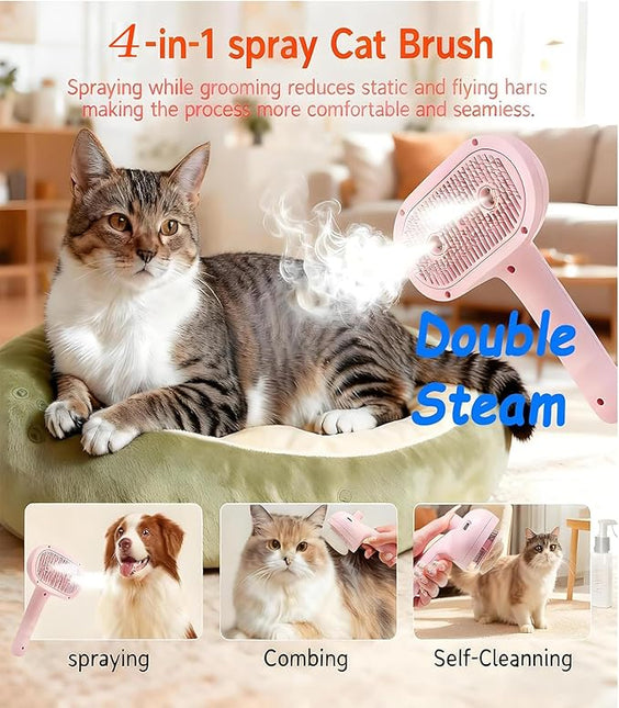 CCEE Cat Brush Dog Brush, 4 In 1 Pet Cat Dog Steam Brush for Shedding Grooming with 2 Steam Holes (pink)