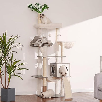 Heybly Wood Cat Tree for Indoor Cats, Cat Condo for Large Cats with Self Groomer,Gray HCT120SG