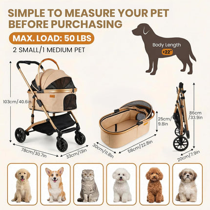 3-in-1 Dog Stroller for Medium Dogs up to 50 lbs, Smooth-Ride Pet Stroller with Detachable Carrier & Car Seat Combo