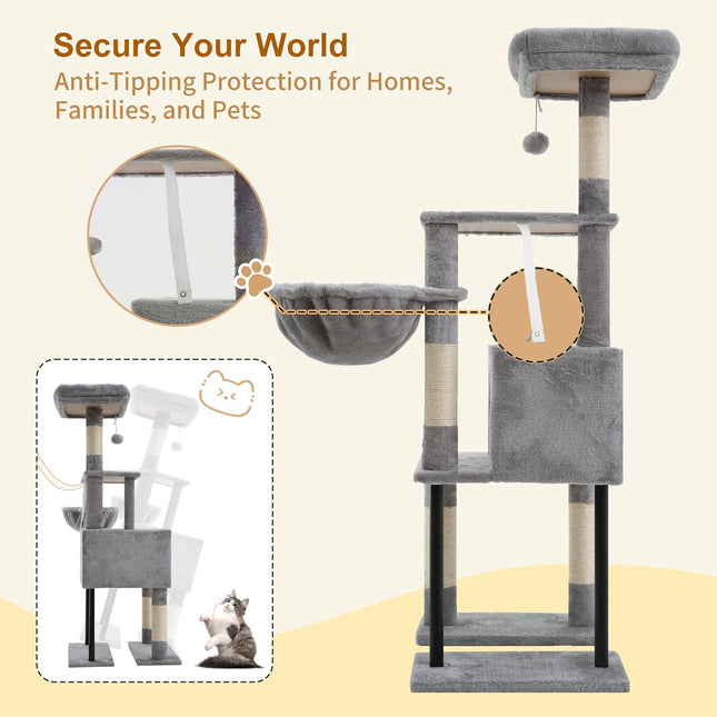 Heybly HCT200SW Cat Scratching Post, 125 cm, Small Cat Tree, Spacious and Comfortable,Light Grey