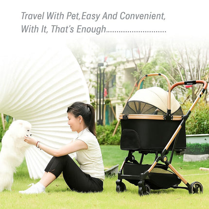 Folding Dog Stroller for Pet Travel – Lightweight 4-Wheel Suspension Pet Pram with Safety Belt, Detachable Carrier & Removable Storage Baske