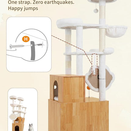 Heybly Cat Tree with Litter Box Enclosure, Modern 162cm,Multi-Level Perch & Playzone, Walnut HCT105WB