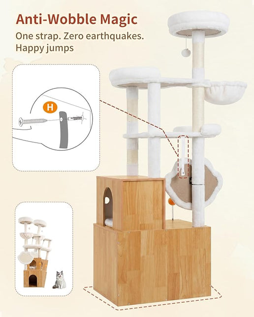 Heybly Cat Tree with Litter Box Enclosure, Modern 162cm,Multi-Level Perch & Playzone, Walnut HCT105WB