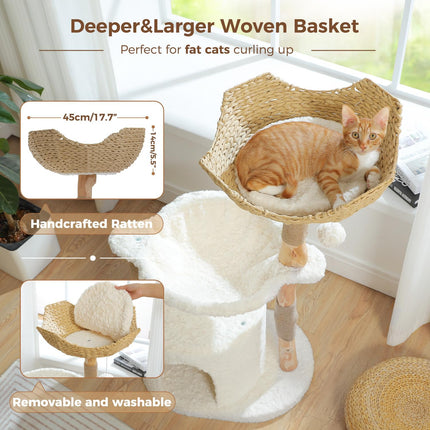 PAWZ Road Modern Cat Tree with Real Wood&Wicker Basket for Large Cats White