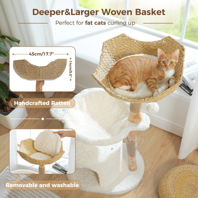 PAWZ Road Modern Cat Tree with Real Wood&Wicker Basket for Large Cats White