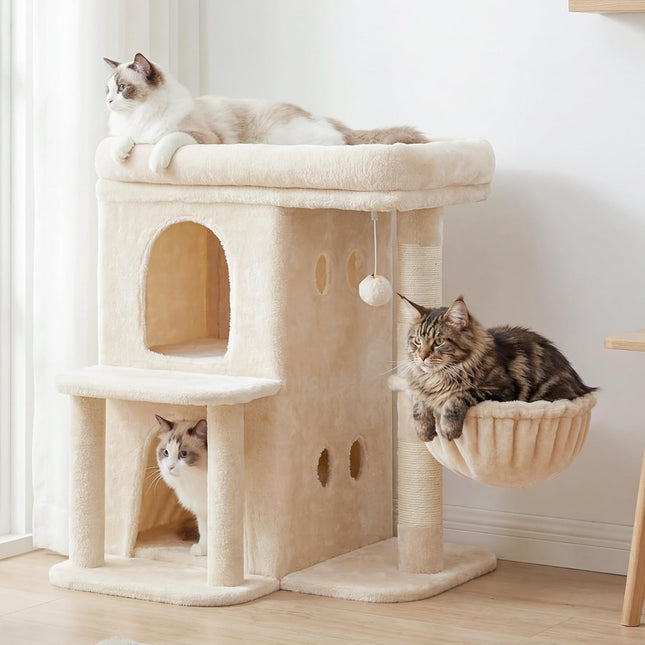 Heybly Cat Tree, 65cm Cat Tower with Spacious Top Perch for Large Cats, Beige