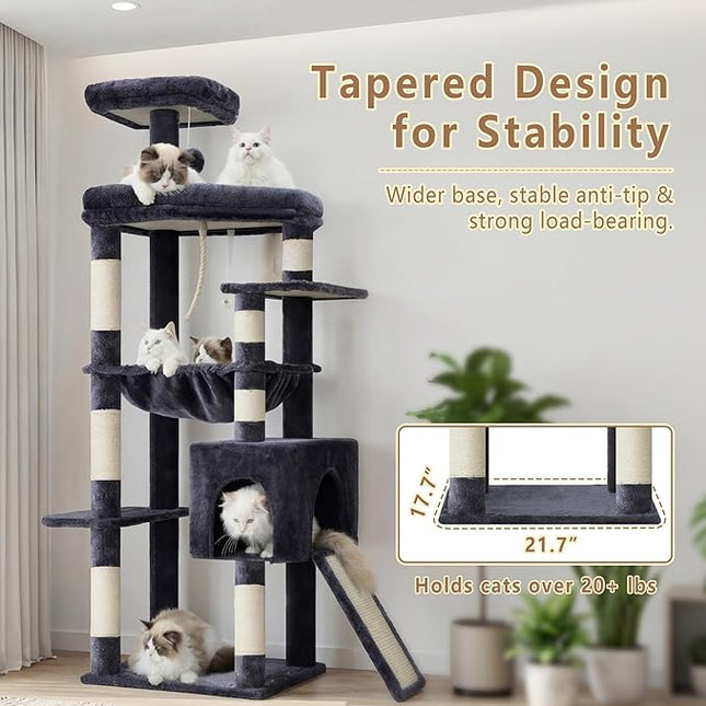 Heybly 64.2" Heavy-Duty Cat Tree for Large Cats, Extra-Large Hammock, Smoky Gray