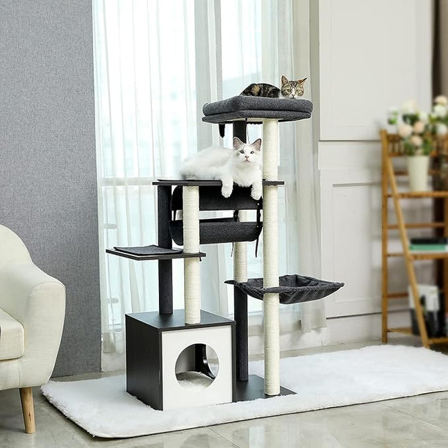 PAWZ Road Cat Tree Cat Scratching Post with a Large Hammock Play Tower, Play Tunnel Wooden Furniture Cat Stand 130cm Grey