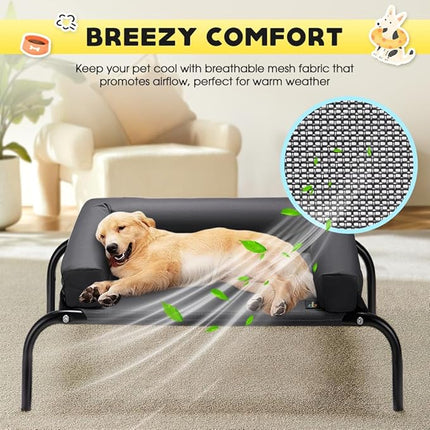 Cooling Elevated Dog Bed with Pillows, Raised Pet Bed for Small Medium Dogs, Portable Washable Dog Cot with No-Slip Rubber Feet, Indoor & Outdoor Use, Black, Medium(88x64x20CM)