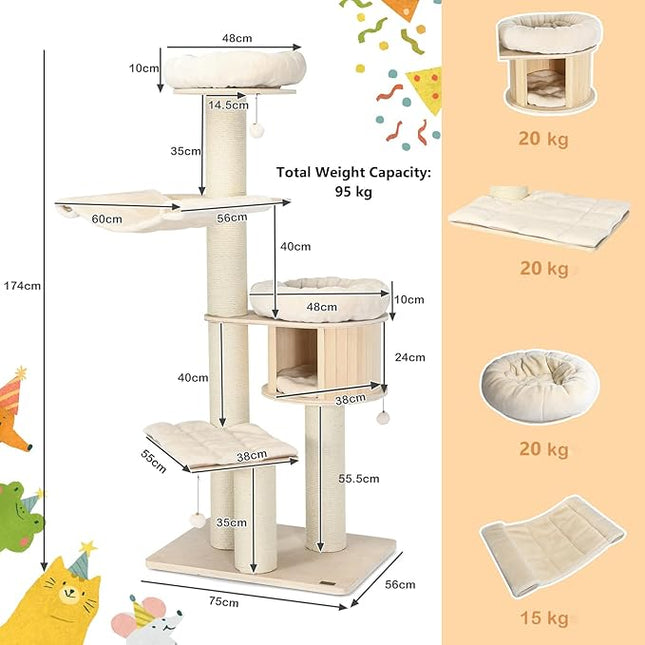 Wood Cat Tree for Indoor Cats, Tall Modern Cat Tower w/Sisal Scratching Posts, Condo, Padded Perch, Hammock, Napping Bed