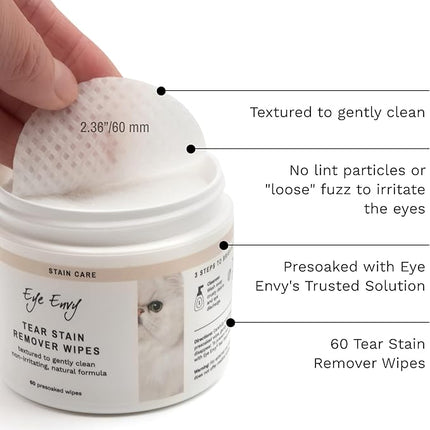 Eye Envy Tear Stain Wipes for Cats. Textured to Gently Clean Tear Stains.USA Made. 60 Cat Eye Wipes