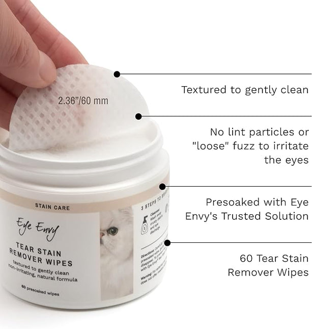 Eye Envy Tear Stain Wipes for Cats. Textured to Gently Clean Tear Stains.USA Made. 60 Cat Eye Wipes