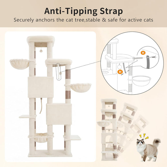 Heybly Cat Tree, 190cm Spacious & Tall Cat Tower for Large Cats,  2 Cat Condos, Hanging Hammock, Durable Sisal Scratching Posts, Beige HCT062MJ
