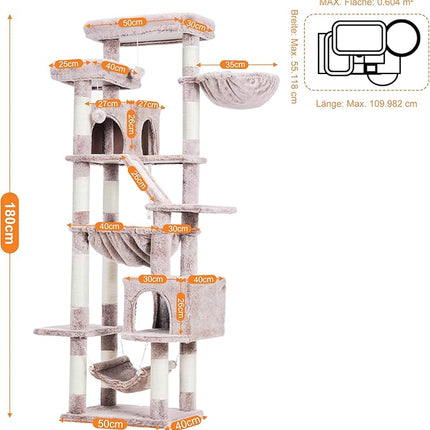 Heybly Cat Tree, 180 cm-Tall Tower for Indoor Cats with 2 Perches, 2 Big Condos, 2 Hammocks, Mushroom