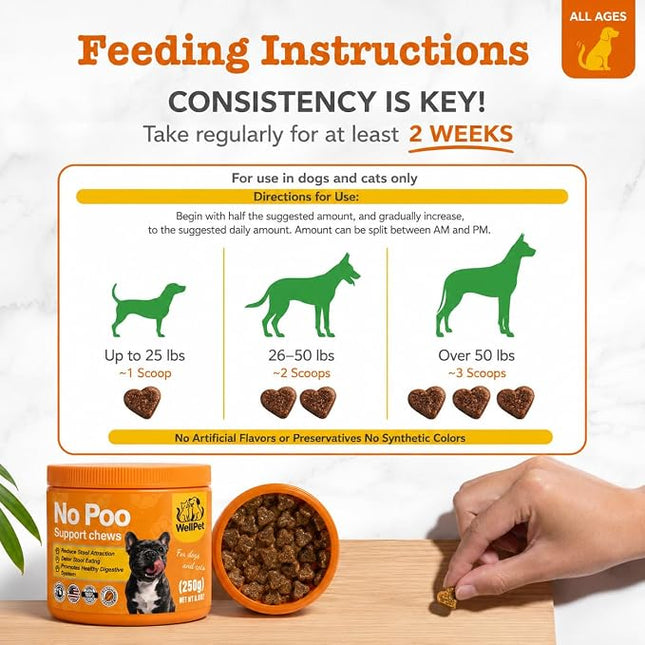 WellPet No Poo Support Chews for Dogs and Cats, Stool Eating Deterrent, with Probiotics and Digestive Enzymes, Chicken Flavour, 250g,100ct