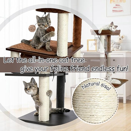 PAWZ Road Cat Tree Cat Scratching Post with a Large Hammock Play Tower, Play Tunnel Wooden Furniture Cat Stand 130cm Brown