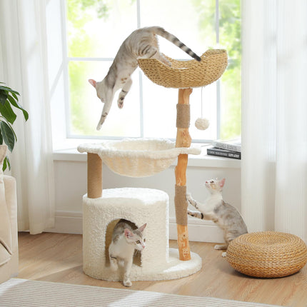 PAWZ Road Modern Cat Tree with Real Wood&Wicker Basket for Large Cats White