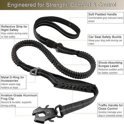 STAVAN Dog Leash for Large Dogs, 4-6FT Heavy Duty No Pull Bungee Shock Absorbing Tactical Leash with 2 Padded Handles, Quick Release Carabiner & Seatbelt Clip (Black)