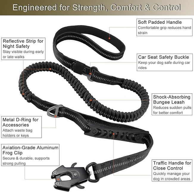 STAVAN Dog Leash for Large Dogs, 4-6FT Heavy Duty No Pull Bungee Shock Absorbing Tactical Leash with 2 Padded Handles, Quick Release Carabiner & Seatbelt Clip (Black)