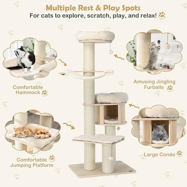 Costway 174cm Solid Wood Cat Tree, 4-Layer Cat Tower W/Sisal Scratching Posts, Cat Condo