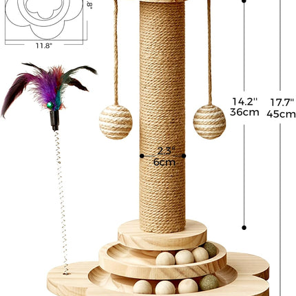 Cat Scratching Post for Kittens, 4 in 1 Wooden Cat Scratcher Toy, 17.7" Tall Scratch Post with 2 Level Cat Track Balls, Interactive Feather Toy and 2 Sisal Hanging Balls for Indoor Kittens