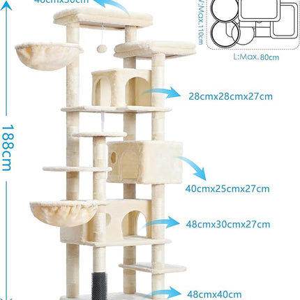 Hey-brother Cat Tree, 188 cm Multi-Level XL Large Cat Tower for Indoor Cats with Three Cat Condos, Beige MPJ035-MM