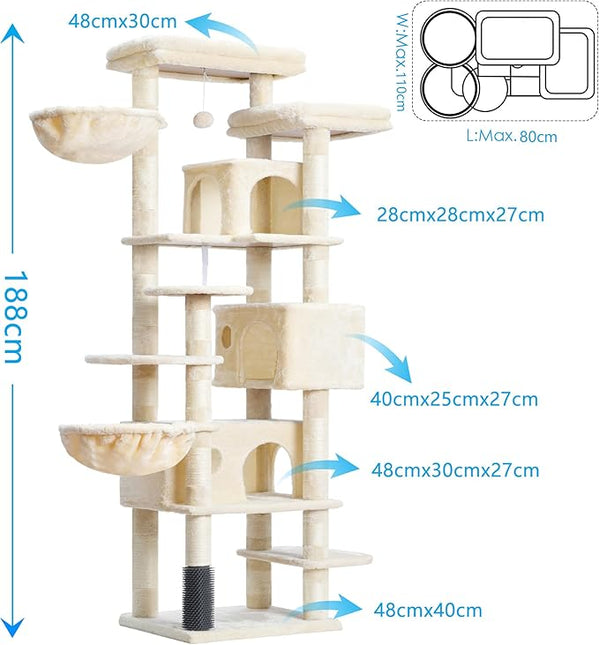 Hey-brother Cat Tree, 188 cm Multi-Level XL Large Cat Tower for Indoor Cats with Three Cat Condos, Beige MPJ035-MM
