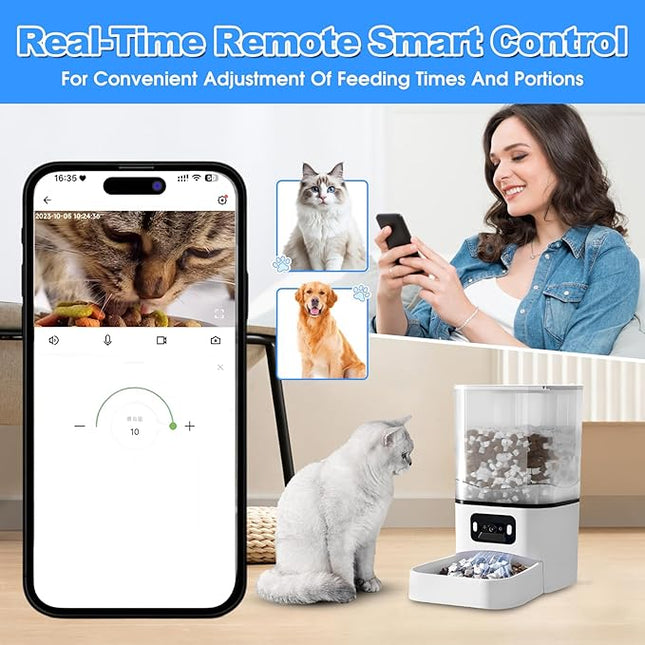 Automatic Cat Feeder with Camera, 6L Smart Food Dispenser for Cats and Dogs，Large Cat Food Storage Container App Control, 1080p HD Video, Two-Way Audio
