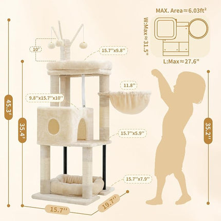Heybly Cat Tree, 45.3" Cat Tower for Indoor Cats with Large Perch HCT202SM | Beige
