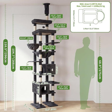 Heybly Floor to Ceiling Cat Tree, Large Cat Tower, 2 Cat Condos, Smoky Gray