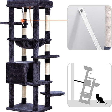 Heybly HCT050G Cat Scratching Post with Blankets for Large Cat Tree Large Platforms Cave 50 x 50 x 153cm Smoke Grey