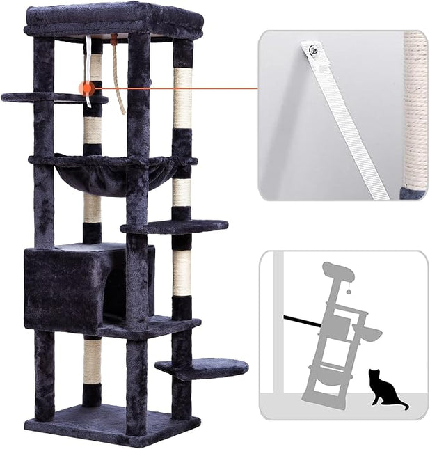 Heybly HCT050G Cat Scratching Post with Blankets for Large Cat Tree Large Platforms Cave 50 x 50 x 153cm Smoke Grey
