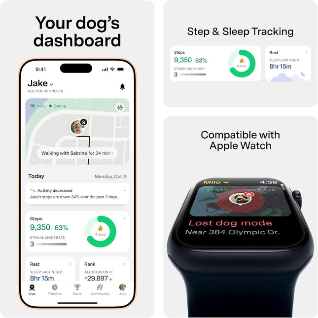Fi New Series 3+ Smart Dog Tracker Collar [12 Month Membership Included] GPS Tracker for Dogs with Health & Behavior Monitoring, Escape Alerts, Waterproof, LED, Apple Watch Compatible (Blue, Medium)