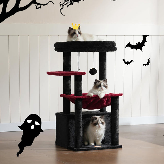 Heybly Cat Tree, Kitten Tower with Large Soft Cat Basket , Black and Red
