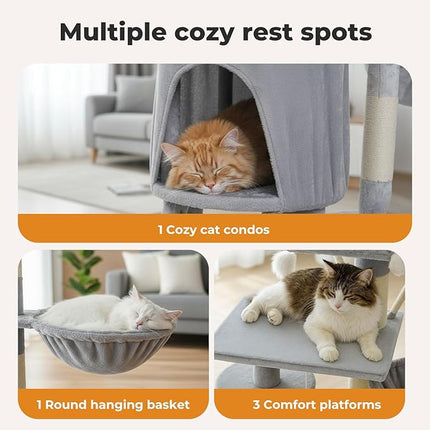 Pawz Cat Tree, 143cm Cat Scratching Post and Pads, Multi-Level Play Tower, Grey