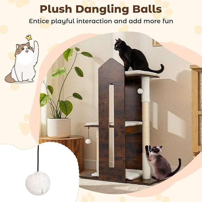 Costway 120 CM Modern Cat Tree for Indoor Cats, Wooden Kitten Tower Cat Condo w/Sisal Scratching Posts, Hanging Balls, Removable Washable Plush Cushions, Perch, Multi-Level Pet Climbing Furniture