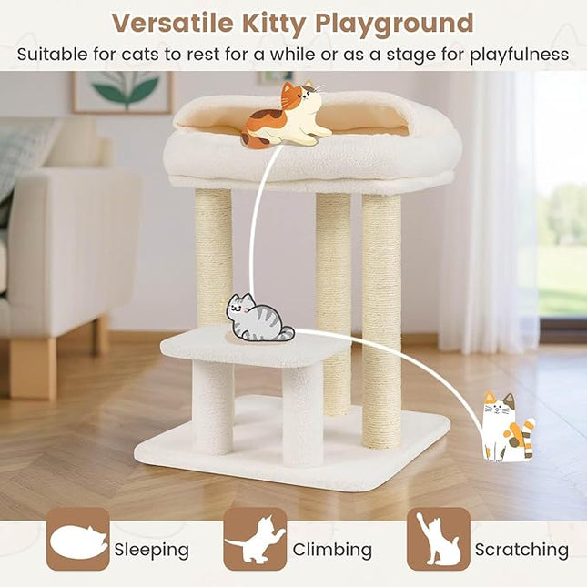 Costway Small Cat Tree for Indoor Cats, Kitty Tower with Comfy Plush Top Perch Bed, Sisal Scratching Posts