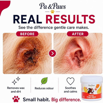 Pa & Paws Pet Ear Finger Wipes – Gentle Ear Cleaner for Dogs & Cats | Removes Wax, Odour & Dirt | Alcohol-Free Natural Formula (50pcs)