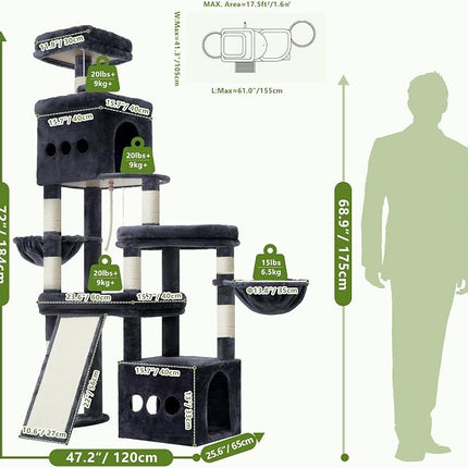 Heybly Cat Tree, 184 cm Anti-Tip Cat Tower for Large Cats, All-in-One,Smokey Grey