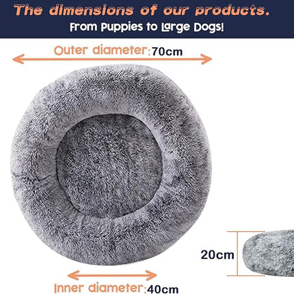Calming Dog Bed for Dog & Cat - Donut Washable Puppy Bed with Ultra-Plush Support, Fluffy Faux Fur Plush Cushion Beds for Small Medium Dogs (70CM)
