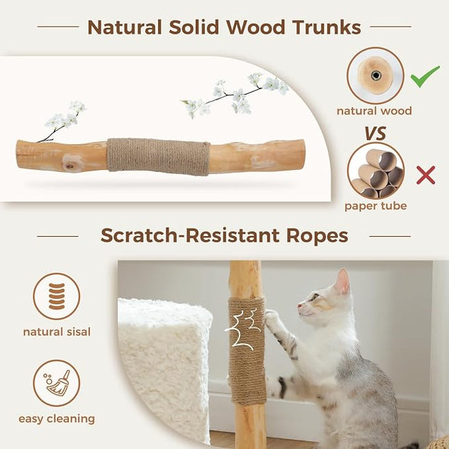 PAWZ Road Modern Cat Tree with Real Wood&Wicker Basket for Large Cats White