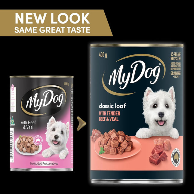 MY DOG Adult Wet Dog Food Beef and Veal, Small/Medium, 400g Can, 24 Pack