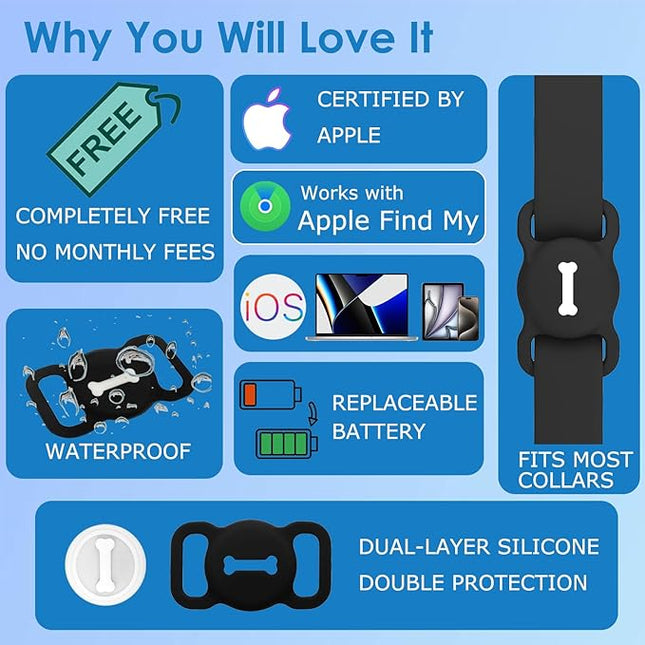 Pet Tracker for iPhone(iOS Only), Bluetooth Item Finder Works with Apple Find My, Pet Location Tracker with Collar Holder, IP68