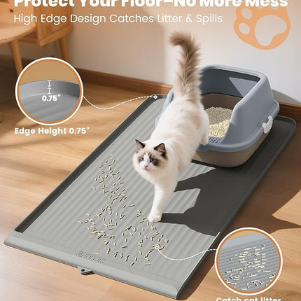 Cat Litter Mat 36x24 Inch, Silicone Litter Box Mat with Raised Edge and Diversion Groove, Waterproof Litter Trapping Mat, Easy to Clean Cat Mat for Litter Box, Grey