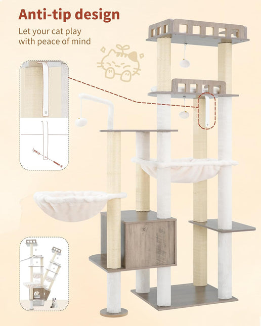 Heybly Cat Tree, 70.5" Wood Tall Cat Tower for Large Indoor Cats HCT121SG | Modern Cat Furniture with Extra Stable Structure, Smoky Gray