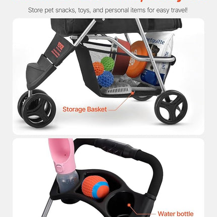VEVOR Pet Stroller, 35 lbs Weight Capacity, Foldable Dog Stroller Cart, 3 Wheels Cats Strollers with Mesh Windows and Cup Holders