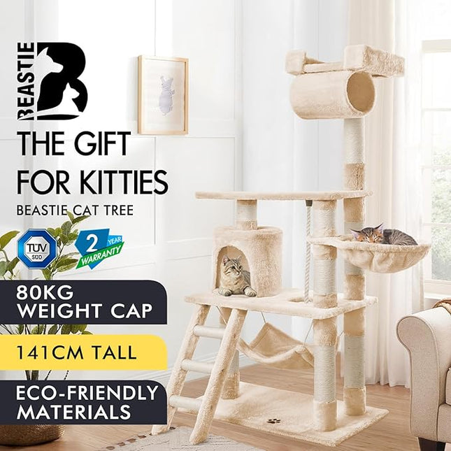 BEASTIE Cat Tree 141cm Tall, Multi-Level Wood Scratching Post Tower with Scratcher, Beige Colour