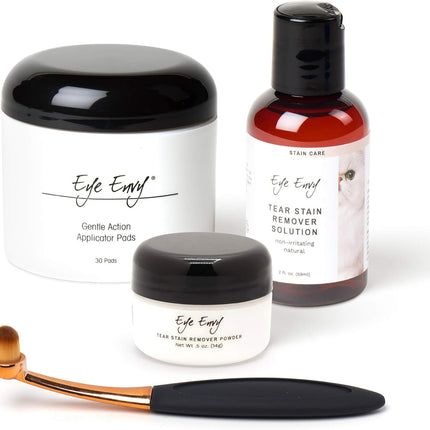 Product Energy Guide Eye Envy Cat Tear Stain Remover Starter Kit with ProPowder Brush. Stain Solution, Applicator Pads, Stain Powder, and Small Applicator Brush. Tear Stain Cleaning Kit. Lasts 30-45 Days. Made in USA.