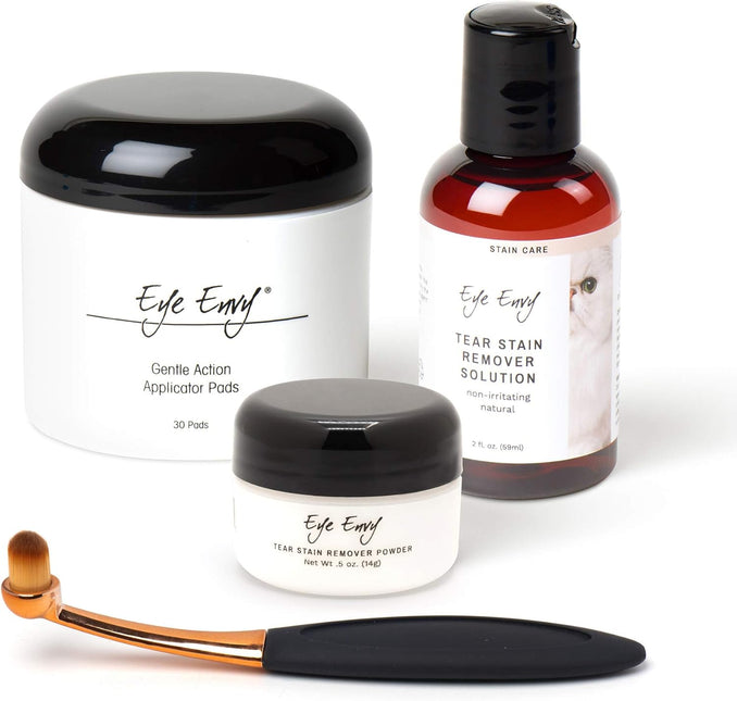 Product Energy Guide Eye Envy Cat Tear Stain Remover Starter Kit with ProPowder Brush. Stain Solution, Applicator Pads, Stain Powder, and Small Applicator Brush. Tear Stain Cleaning Kit. Lasts 30-45 Days. Made in USA.