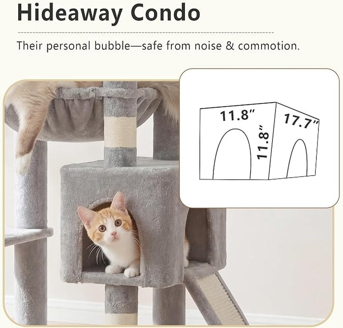 Heybly Heavy Duty Cat Tree, 64.2-Inch Tall Tower for Large Indoor Cats with Widened Structure,Extra-Large Hammock, Light Gray HCT027W